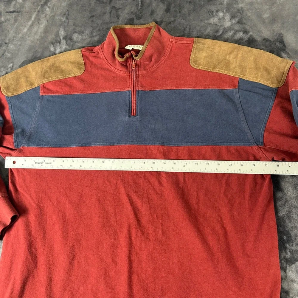 Orvis Pullover Mens XL Tall Red Colorblock Elbow Patch 1/4 Zip Rare